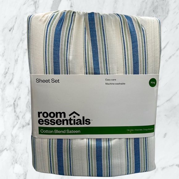 New King Easy Care Cotton Blend Sateen Sheet Set - Room Essentials- Blue Stripes - Picture 1 of 8